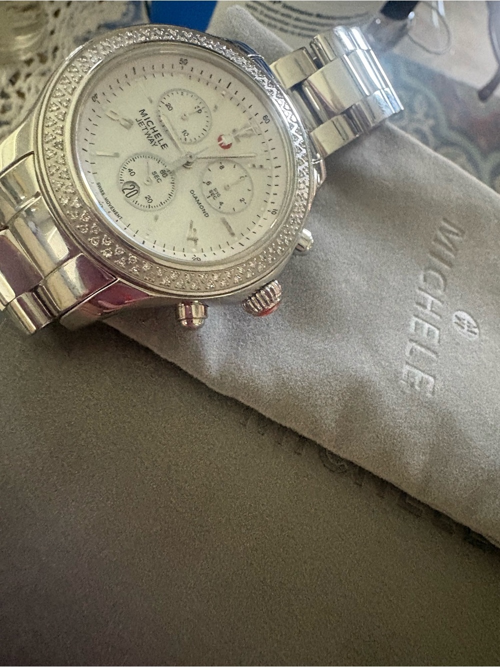 Michele Silver Stainless Steel Engraved Case Back Watch working new battery .